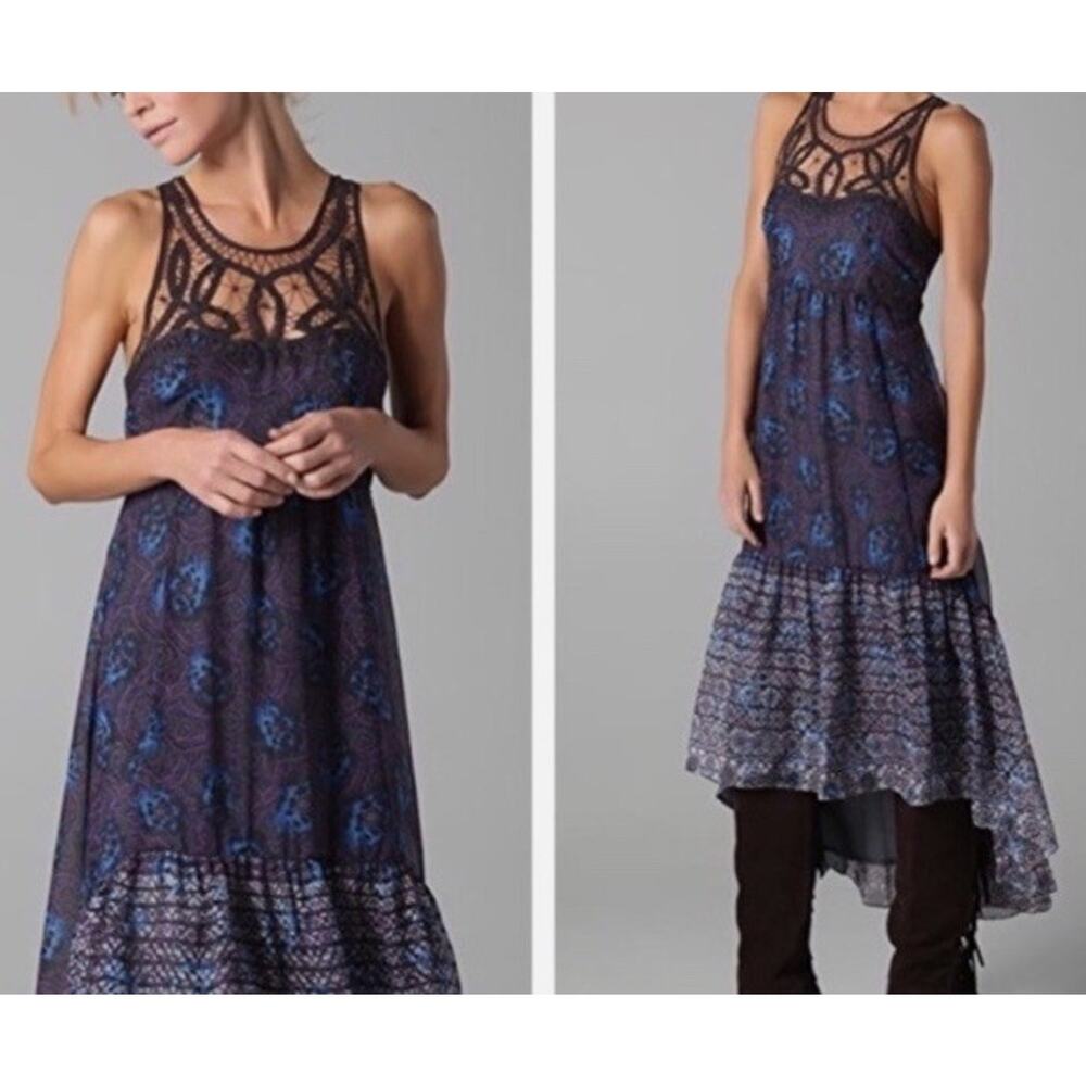 Free People Native Rose High Low Blue Floral Sleeveless Lace Trim Dress Sz 12